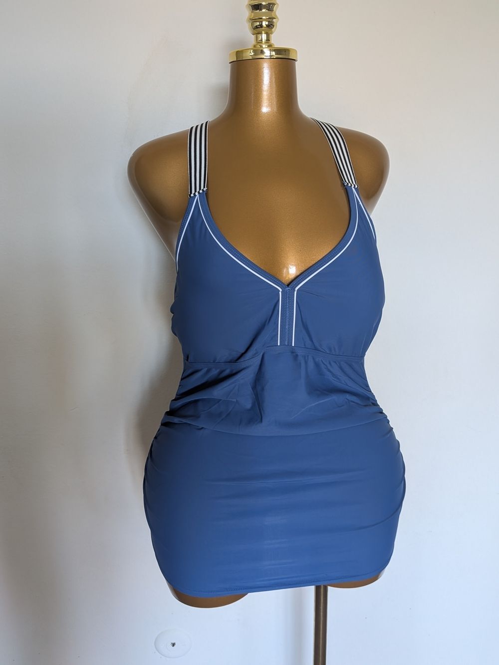 Summer Mae Blue Tankini Swimdress Ruched Tummy Control Striped Straps Size 12